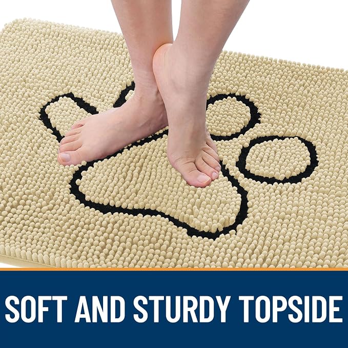 OLANLY Dog Door Mat for Muddy Paws 36x24, Paw Print Design, Absorbs Moisture and Dirt, Absorbent Non-Slip Washable Doormat, Quick Dry Chenille Mud Mat for Dogs, Entry Indoor Entryway Carpet, Sand - Image 4
