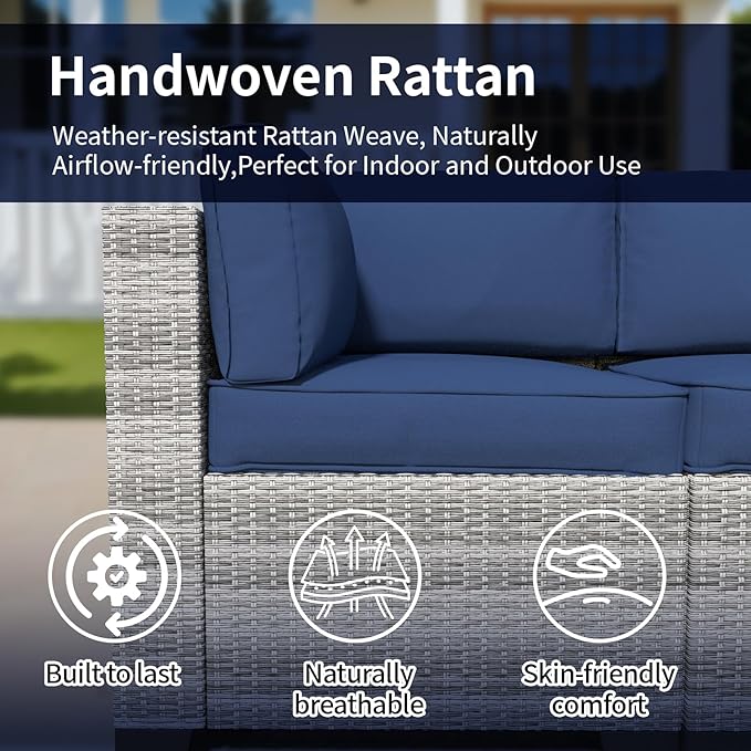 7 Piece Patio Furniture Set, Rattan Outdoor Patio Conversation Sets, Outdoor Sectional Furniture with Thickened Cushion and Coffee Table, for Deck, Backyard, Garden, Off-White & Dark Blue