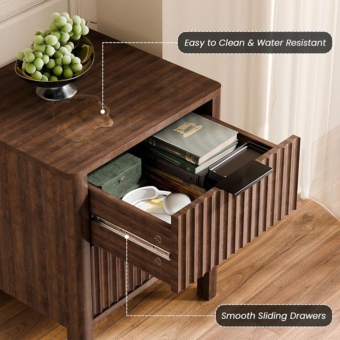 MODNEST 18" Fluted Nightstands Set of 2, Bed Side Tables with Drawers for Bedroom Mid Century Modern Night Stand Wood Nightstand Small End Table Bedroom Set, Walnut - Image 5