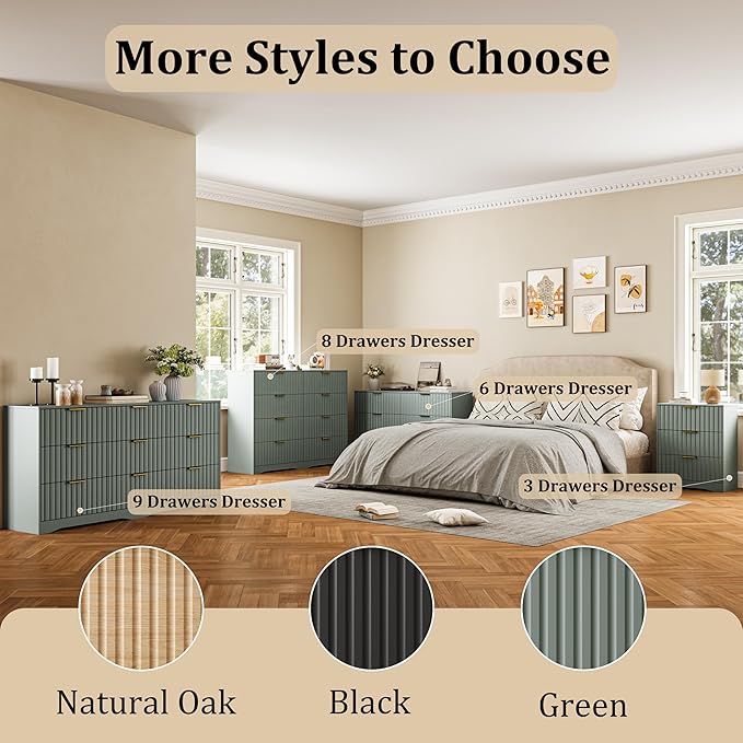 6 Drawer Dresser and Nightstand Sets for Bedroom, Modern Fluted 3 Pcs Bedroom Dresser Furniture Sets, Wood Chest of Drawers and Nightstand Set of 2 with Metal Handles, Green