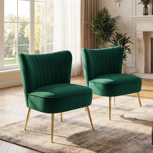 DUOMAY Modern Accent Chair Set of 2 Velvet Slipper Chair with Gold Legs Wingback Side Chair for Living Room Bedroom Entryway Small Corner Chair for Space Saving, Green