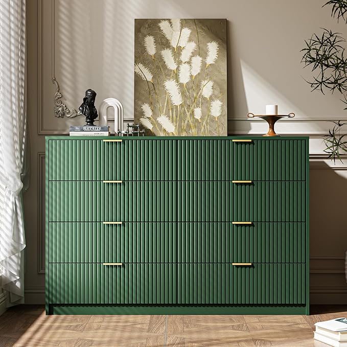 MAISONARIA 3-Piece Dresser Bedroom Set, 8 Drawer Dresser & 3 Drawer Nightstands with Gold Handles, Fluted Wood Chest of Drawers for Bedroom, Living Room, Entryway, Green