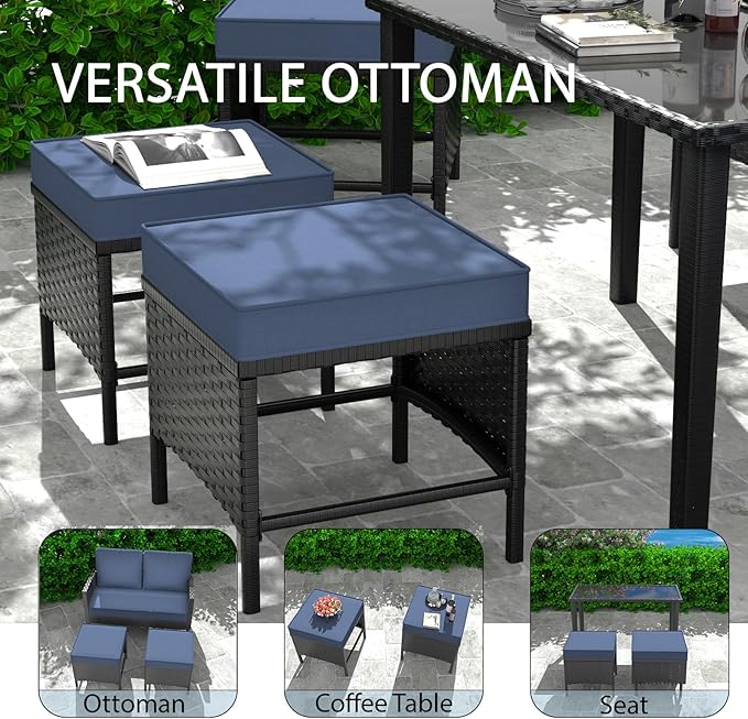 7-Piece Patio Furniture Set, Outdoor Couch with Dining Table & Ottomans, PE Rattan Sofa Set with Cushions for Deck, Yard, Poolside (Blue)