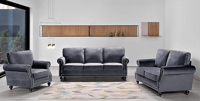 Lotus Mid Century Modern Velvet Upholstered Living Room Rolled Arms, Chair, Loveseat and Sofa, Grey
