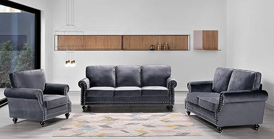 Lotus Mid Century Modern Velvet Upholstered Living Room Rolled Arms, Chair, Loveseat and Sofa, Grey