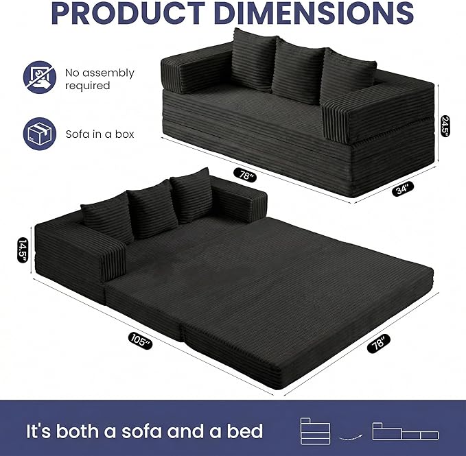 Convertible Sofa Bed Couch, 78’’ Oversized 4-in-1 Boneless Couches with Removable Armrests Backrest, Corduroy Futon Sofa Bed, Foldable Mattress Sleeper Sofa for Living Room Bedroom (Black)
