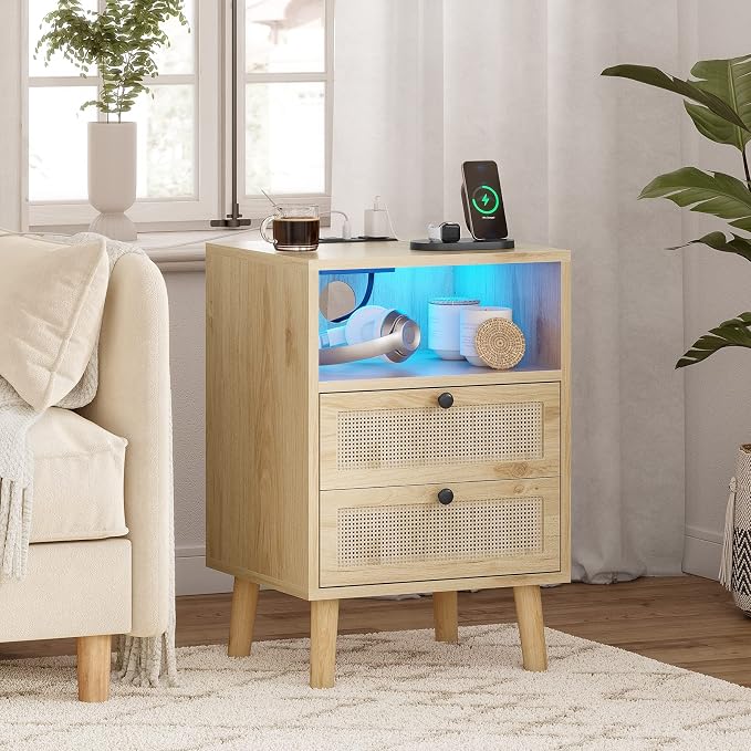 AOGLLATI Rattan Nightstand with Charging Station, LED Night Stand for Bedroom, Wood End Table with USB Ports, Boho Bedside Table with 2 Drawers, Natural - Image 7