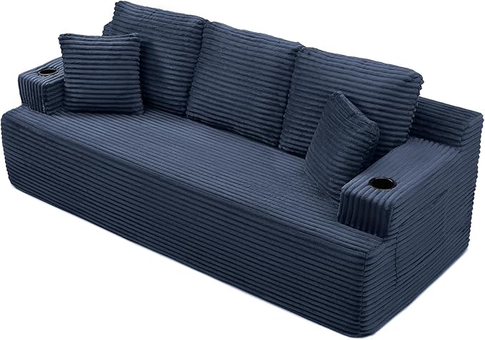 Eafurn Floor Loveseat Boneless Sofa Couch in a Box with Cup Holder and Side Pockets, 3 Seater Comfy Corduroy Upholstered Foam Couch with Deep Seating for Living Room,No Assembly | Breathable material, Cupholders