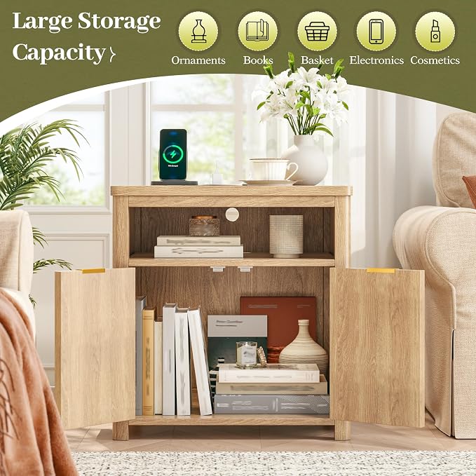 Homkdom Fluted Nightstand with Charging Stations, 23.6" Wide Natural Oak Nightstand with Storage Drawers, Side Tables, Modern Farmhouse End Tables for Bedroom, Natural Oak - Image 5