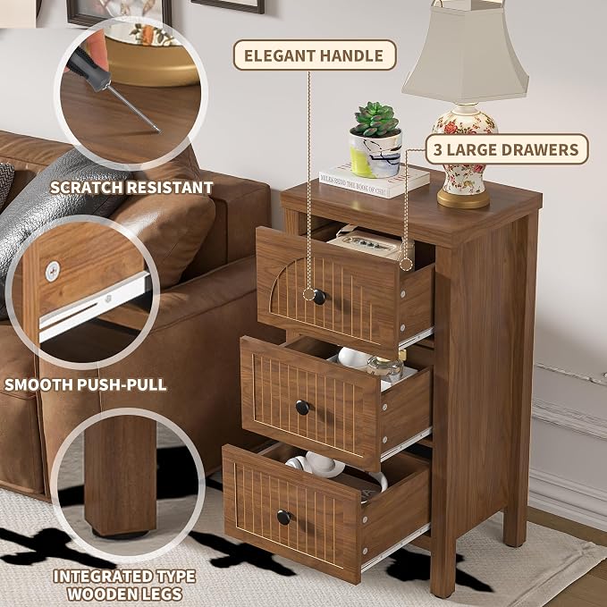 Nightstand Side Table with 3 Fluted Drawers,Mid Century Modern Nightstand for Bedroom,Wooden Bedside Table Storage for Bedroom Living Room Sofa Side Table,Walnut - Image 5