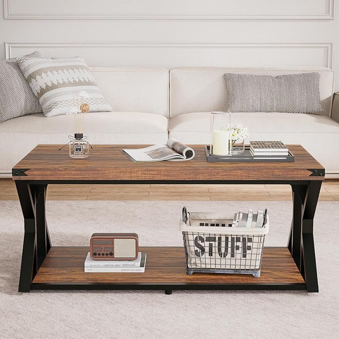 Modern Industrial Coffee Table for Living Room 43" Rectangle Accent Center Table with Storage Shelf & Metal Frame, Heavy Duty 2-Tier Cocktail Table Rustic Brown