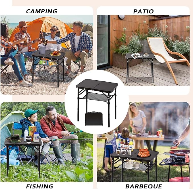 YihuiKo Folding Picnic Table with Storage Net, Matte Black Aluminum Folding Table 23.6" x 15.8", Adjustable Height Max 27.5", Lightweight Portable for Camping Travel Grill Indoor - Image 7