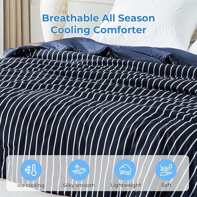 Pinstripe Cooling Comforter King Size, Q-Max 0.45 Reversible Striped Cooling Blanket for Hot Sleepers, Breathable Lightweight Silk Smooth Summer Bedding, Quilted Ice Blanket, Navy Blue