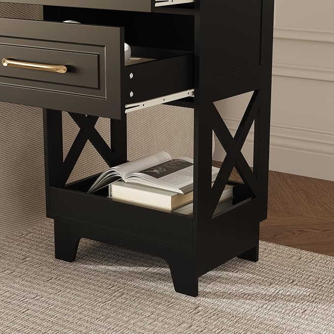 Tall Nightstand Set of 2 Side Table with 2 Drawers Modern Night Stand Wooden End Table Bedside Table with Below Open Shelf Solid Feet for Bedroom Black - Image 7