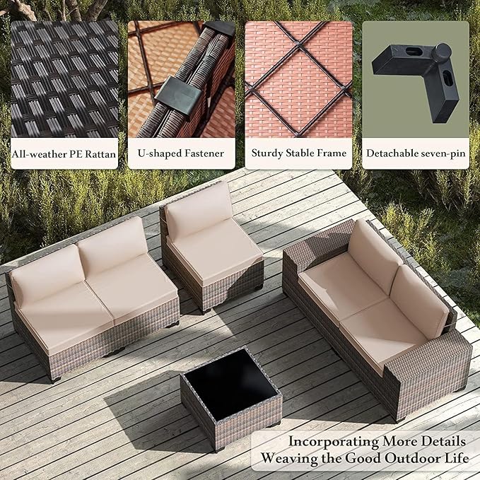 7 PCS Outdoor Patio Furniture Set,Outdoor Sectional Furniture with 43" 55000 BTU Gas Propane Fire Pit Table,All Weather PE Rattan Wicker Patio Conversation Set,Sand