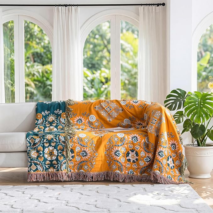 Boho Throw Blanket for Bed 100% Cotton Soft Lightweight Quilt Floral Embroidery Home Decor Spring Breathable Bed Blanket,60"x80" All Season Reversible Twin Yellow Blankets for Sofa Couch Chair