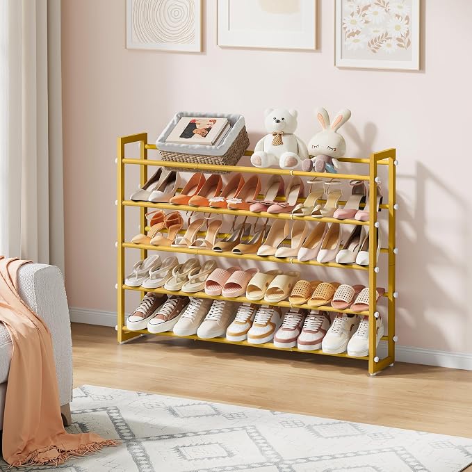 FAVOOSTY 3-Tier Expandable Shoe Rack, Adjustable Shoe Shelf Storage Organizer Space Saving Metal Free Standing Shoe Rack for Entryway Closet Doorway, Silver Grey (Gold, 5 Tier) - Image 2