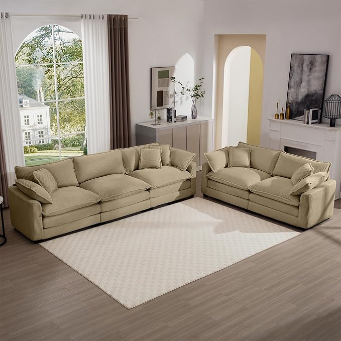 KEIKI 2-Piece Sofa Set with 1 Oversized Corduroy 3-Seater Sofa & 1 Loveseat Sofa, Upholstered 5-Seater Couch Set with 9 Pillow, High-Density Foam Cushions, Removable Armrests, for Living Room, Tan