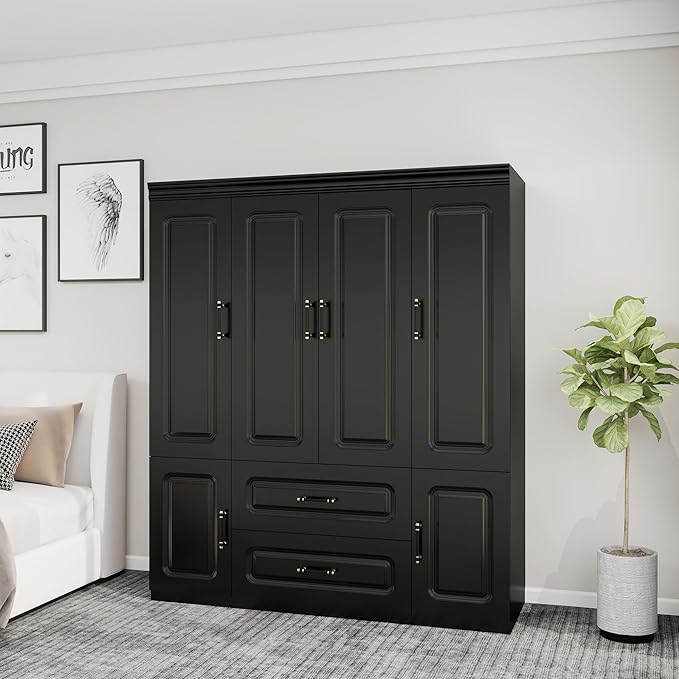 GraceGrove Armoire Wardrobe Closet with 4 Doors and 2 Hanging Rods, Armoire Wardrobe Closet Cabinet with 2 Drawers, Wood Closet Storage Wardrobe, Tall Armoires and Wardrobes Cabinet Black