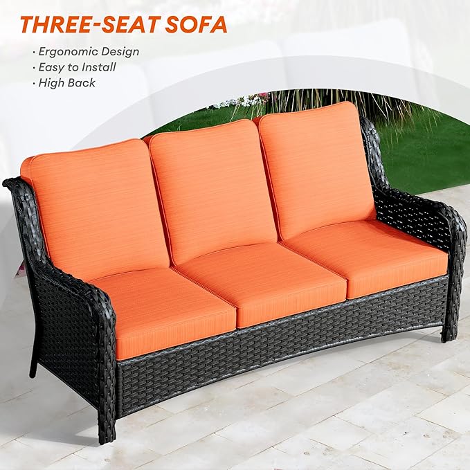 HOOOWOOO Patio Outdoor Furniture with Large Fire Pit Table,High Back 6 Piece Wicker Patio Conversation Set with Swivel Chairs,7 Person Couch Sofa Seating,Orange Red
