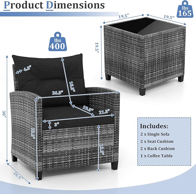 KOTEK 3 Piece Patio Furniture Set, Outdoor PE Rattan Conversation Set with Washable Cushions & Tempered Glass Tabletop, Wicker Chairs and Table Set for Porch, Garden, Balcony (Black)