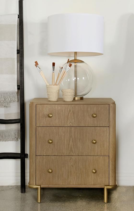 Coaster Home Furnishings - Arini - Wood - 3-Drawer Nightstand with Dual USB Ports, Felt-Lined Top Drawer, Aged Brass Round Knobs and Metal Base - Bedroom - Sand Wash - 224302 - Image 2