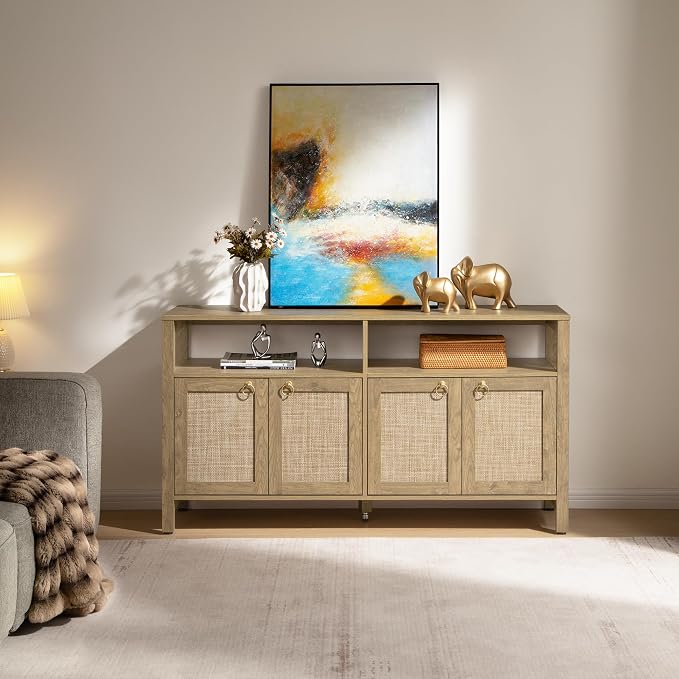 SICOTAS Rattan TV Stand for Television up to 65 Inch - 29.5" Tall Entertainment Center with Storage and Open Shelves,Boho Media TV Console Cabinet with 4-Doors and Adjustable Shelf for Living Room - Image 7
