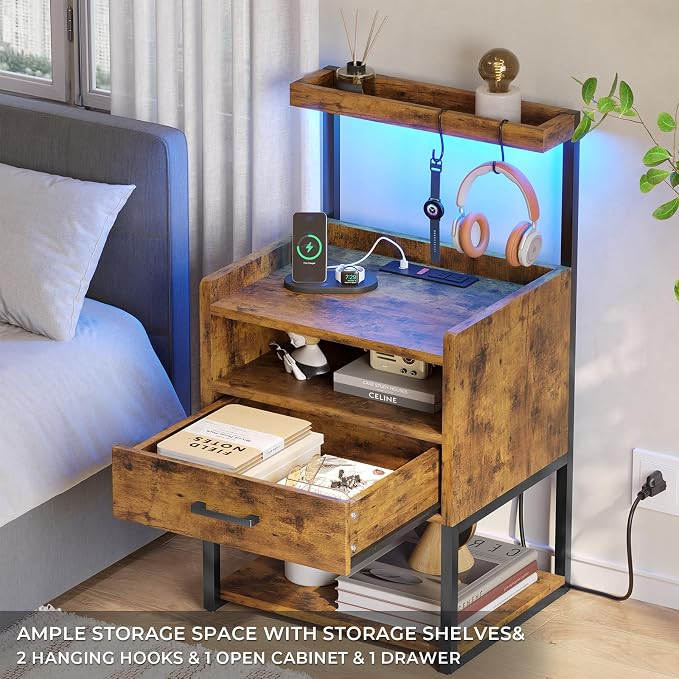 VIAGDO Rustic Brown Nightstands Set of 2 with Charging Station and LED Lights, LED Night Stand Set 2 with Drawer, Rustic End Side Table with Open Storage Shelves, Bedside Tables for Bedroom, Office - Image 5