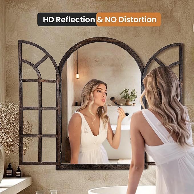 AMOISE Arched Wall Mirror with Window Pane Design 38 x 26 Inch Rustic Farmhouse Wood Decorative Mirror for Living Room Bedroom Entryway - Image 6