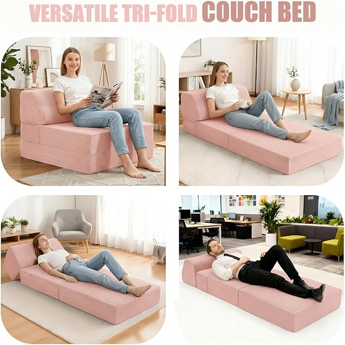 Folding Sofa Bed with Pillow, Memory Foam Fold Out Chair Bed, Convertible Sleeper Chair with Washable Cover, Futon Floor Couch for Living Room/Dorm/Guest Use/Home Office/Apartment,Pink