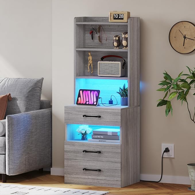 VIAGDO Tall Nightstand with Charging Station and LED Lights, Large Grey Night Stand with Bookshelf, Modern LED Bedside Table with 3 Drawers and Storage Shelves, End Side Table for Bedrooms, Dorms - Image 7