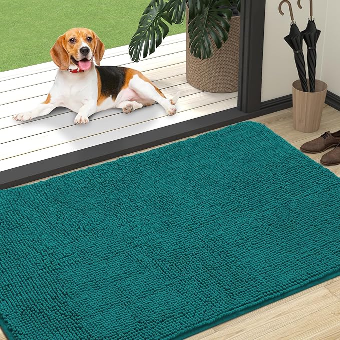 OLANLY Dog Door Mat for Muddy Paws 47x32, Absorbs Moisture and Dirt, Absorbent Non-Slip Washable Doormat, Quick Dry Chenille Mud Mat for Dogs, Entry Indoor Entryway Carpet for Inside Floor, Lake Blue by OLANLY