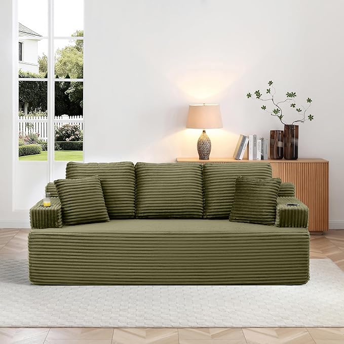 Eafurn Floor Loveseat Boneless Sofa Couch in a Box with Cup Holder and Side Pockets, 3 Seater Comfy Corduroy Upholstered Foam Couch with Deep Seating for Living Room,No Assembly | Breathable material, Cupholders