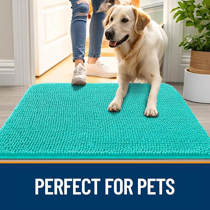 OLANLY Dog Door Mat for Muddy Paws 59x32, Absorbs Moisture and Dirt, Absorbent Non-Slip Washable Doormat, Quick Dry Chenille Mud Mat for Dogs, Entry Indoor Entryway Carpet for Inside Floor, Teal - Image 6