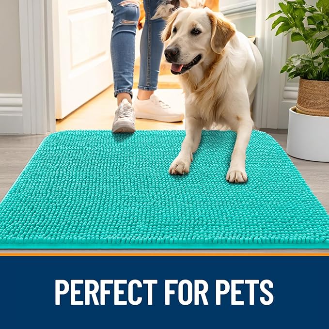 OLANLY Dog Door Mat for Muddy Paws 44x32, Absorbs Moisture and Dirt, Absorbent Non-Slip Washable Doormat, Quick Dry Chenille Mud Mat for Dogs, Entry Indoor Entryway Carpet for Inside Floor, Teal - Image 6