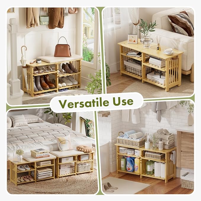 Amazer Bamboo Shoe Rack Bench, 3-Tier Shoe Bench Height Adjustable, Entry Bench with Side Storage Strap, Shoes Organizer Storage Bench, Shoe Shelf with Seat Cushion for Entryway, Living Room, Hallway - Image 8