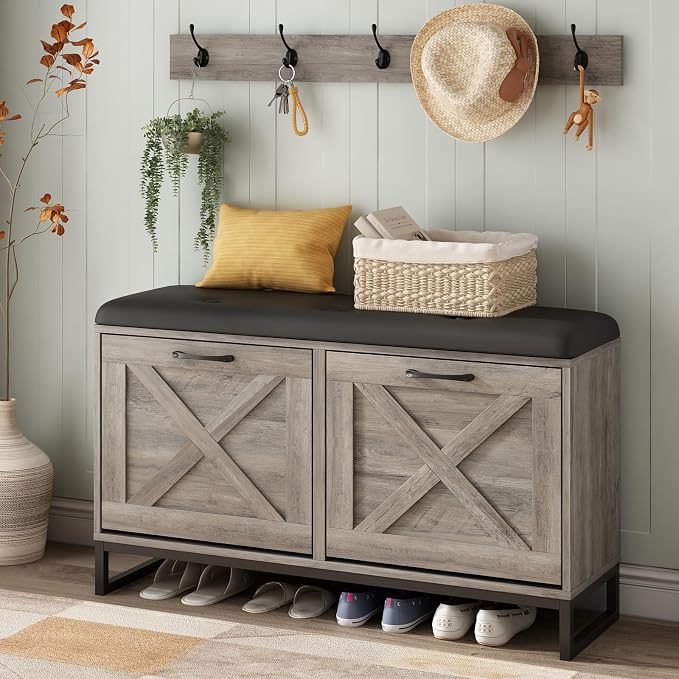 Maupvit Shoe Cabinet with 2 Flip Drawers & Coat Rack, Shoe Storage Bench with Seat Cushion for Entryway, 5 Large Sturdy Metal Hooks - with Locking Wall Parts, Washed Gray - Image 6