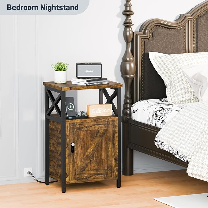 runjuly Wooden Nightstand with Lock, Bedside Table with Drawer, Bed Side Table with Charging Station, 3 USB & 2 Outlets, Night Stand with Storage Cabinet, End Table for Bedroom, Brown - Image 2