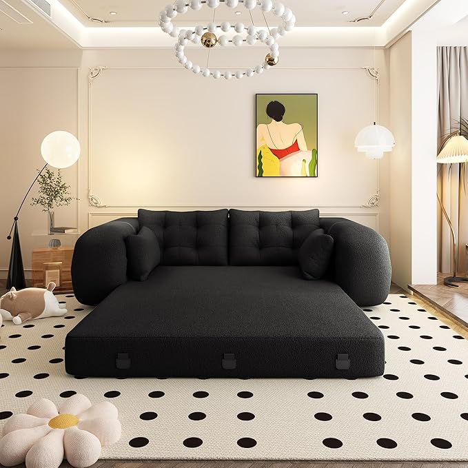 78.7" Convertible Sofa Bed, 3-in-1 Folding Floor Couch with 4 Pillows, Sleeper Sofa for Living Room and Guest Bed, No Assembly Required (Black, Teddy Fabric)