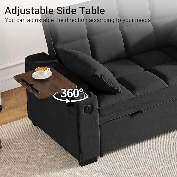 65'' 3-in-1 Sleeper Sofa Bed with Pull-Out Couch & Side Table, Convertible Loveseat with Adjustable Backrest, Velvet Chaise Lounge with USB & Type-C Ports, Black