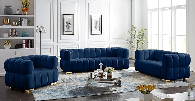 Meridian Furniture 670Navy-L Gwen Collection Modern | Contemporary Velvet Upholstered Loveseat with Deep Biscuit Tufting