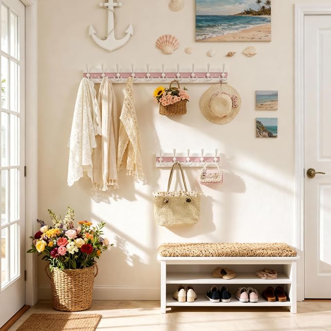 SKOLOO Coastal Wall Mounted Coat Rack-16.88" Beach House Entryway Wooden Coat Hook with 5 Hooks for Hanging Coats, Hats or Towels, Oceanfront Cottage Core Collection, White&Palm Beach Pink, Pack of 2 - Image 2