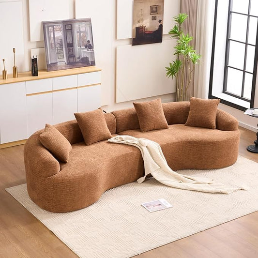 KEIKI Curved Chenille Modular Sectional Couches with Pillows, 4 Seater Oversized Upholstered Luxury Plush Cloud Sofa for Living Room Apartment, Caramel