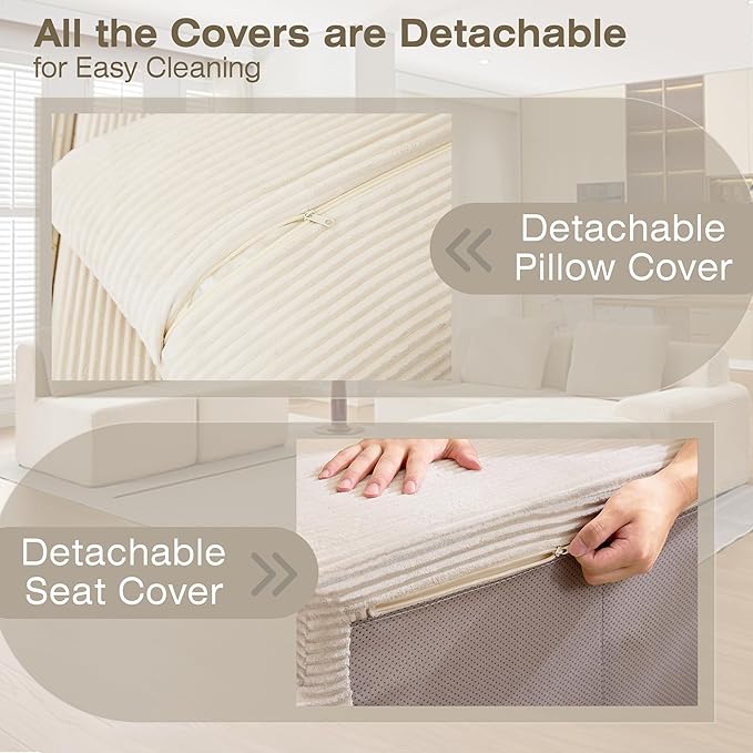 Modular Sectional Sofa, Boneless Couches for Living Room, Corduroy Couch, Big Comfy Couch, Modular Cloud Sofa with Deep Seat (White, 5 Pieces-Side Shape)