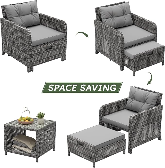 LHBcraft Balcony Furniture 5 Piece Wicker Patio Furniture Set, Outdoor Hand-Woven Rattan Lounge Chairs with Tempered Glass Coffee Table, Ottomans & Soft Cushions for Front Porch, Garden, Grey