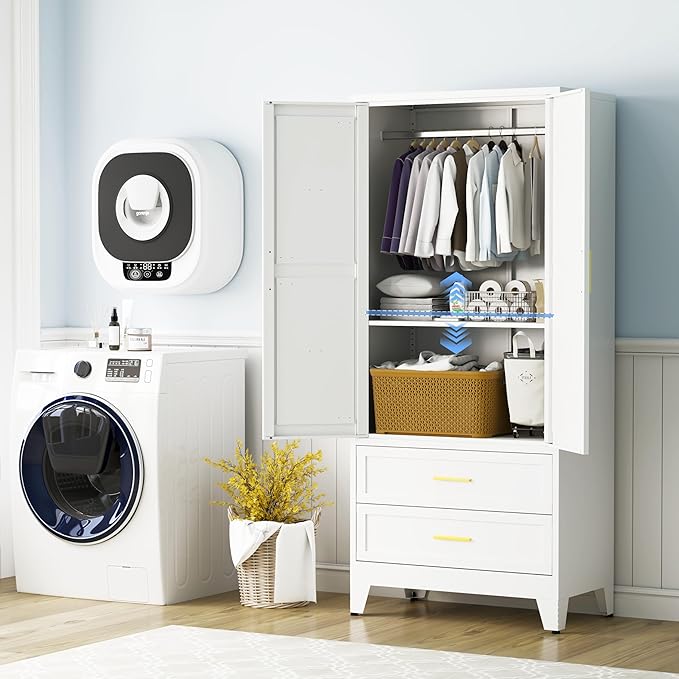 Metal Armoire Wardrobe Closet with Drawers, 71" Wardrobe Cabinet with Adjustable Shelves and Hanging Rod for Bedroom, White Metal Closet Storage Cabinet with 2 Doors & 2 Drawers