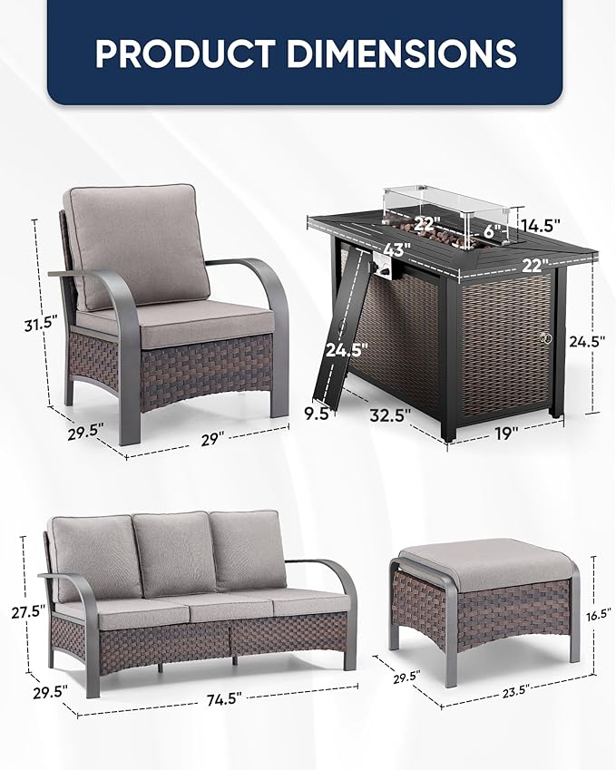 HUMMUH Outdoor Patio Furniture Set with Fire Pit-PE Wicker Patio Chairs Set of 2 with Rattan Sofa Patio Conversation Set for Deck Porch Garden Poolside Backyard-Brown/Grey