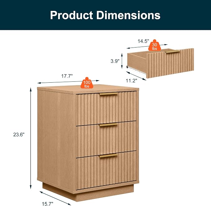 RoyalCraft Fluted Nightstand Set of 2, Modern Bedside Table with 3 Large Storage Drawers, Wood End Table with Metal Handle for Bedroom, Natural Oak - Image 2