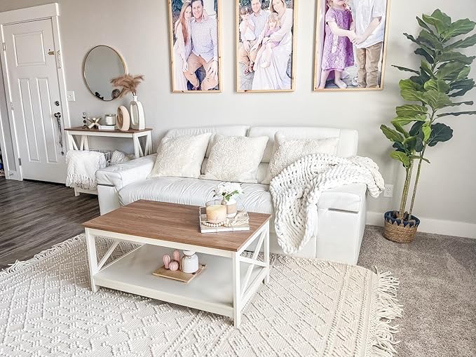 PHI VILLA Farmhouse Coffee Table for Living Room, White Coffee Tables with Storage Rustic Style Modern