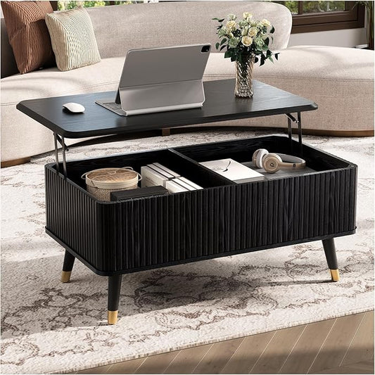 SULIVES Lift Top Coffee Table with Storage,Fluted Coffee Table with Lifting Top,Mid Century Modern Center Table with Solid Wood Legs,Small Coffee Tables for Living Room,Black